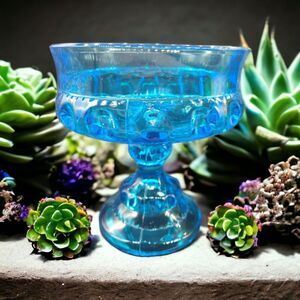 Vintage Indiana Glass Kings Crown Aqua Blue Thumbprint Pedestal Compote Dish 5”
